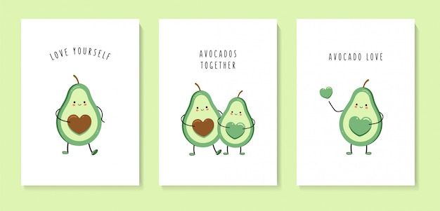 Set of greeting cards with cute avocados.