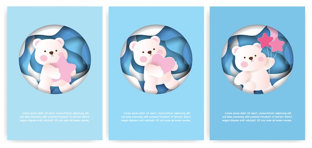 Set of greeting cards with cute teddy bear in paper cut style.