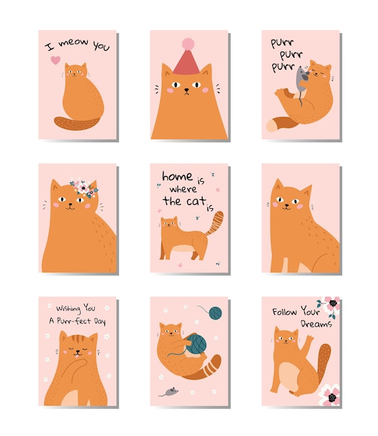 Set of greeting cards with funny cats