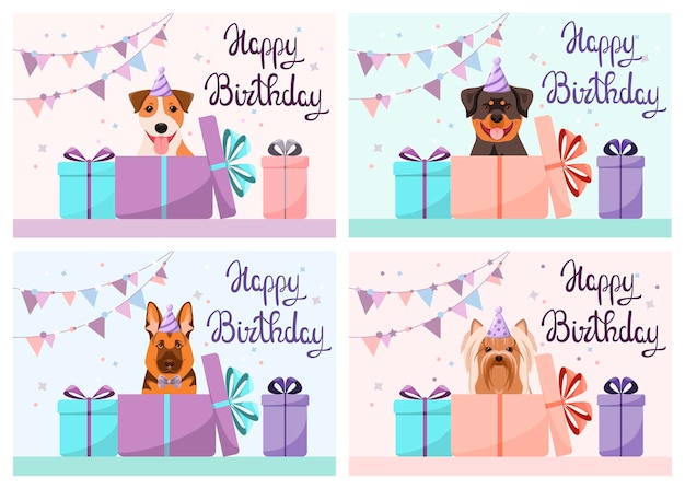 A set of greeting cards with funny dogs. happy birthday. cartoon design.