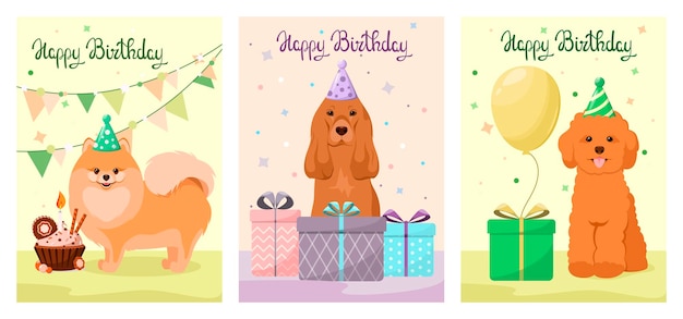 A set of greeting cards with funny dogs. happy birthday. pets. cartoon design.