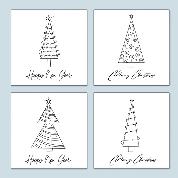 Set of greeting Christmas cards of stylized decorated Christmas trees