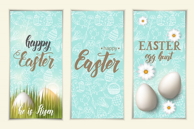 Set of greeting Easter banners. Tags with eggs on the grass, hand made trendy lettering "Happy Easter. Egg hunt" and  pattern with paschal symbols in sketch style. Banner.