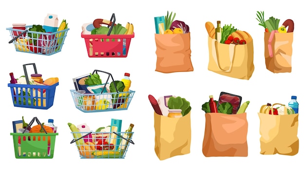 Набор корзин для продуктов питания и пакетов с едой, заполненных различными предметами