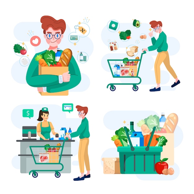 Vettore set di drogheria o shopping al concetto di supermercato illustrazione