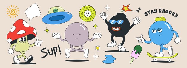 Vector set of groovy 70s characters and elements vintage sticker collection