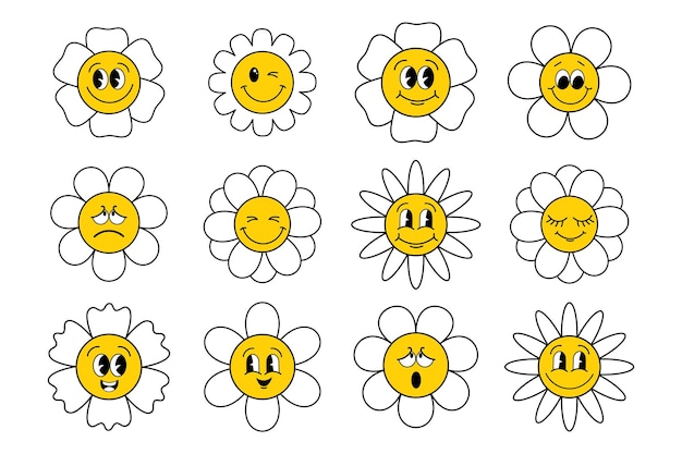 Set of groovy flowers emoticons A cartoon flowers with a smiley faceRetro groove design 70s style