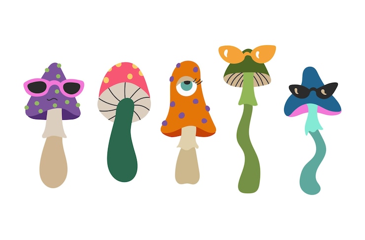 Vector set of groovy hippie psychedelic mushrooms fungus in 60s 70s style vibrant groovy and funky fungus vintage retro collection