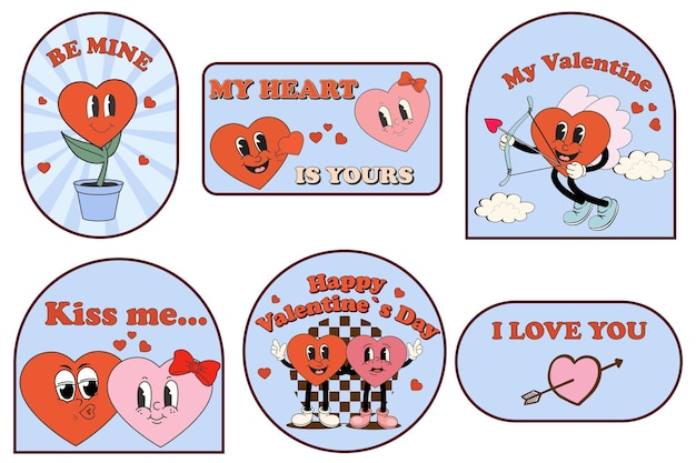 Vector set groovy lovely hearts stickers love concept happy valentines day funky happy heart character