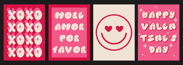 Set of Groovy Lovely Posters Backrounds Patterns Love Concept Happy Valentines Day