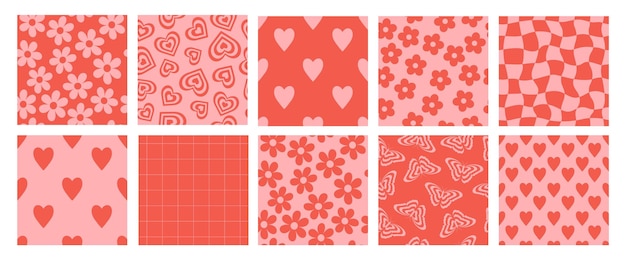 Set of groovy lovely seamless patterns Love concept Valentine's day Trendy retro 70s cartoon style