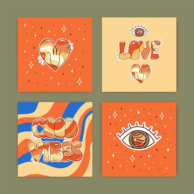 Set of groovy posters. Retro postcards in the 70s. Hippie and boho style.