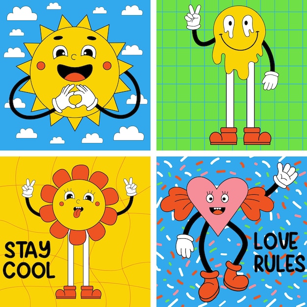 Set groovy retro cartoon stickers with funny comic characters with faces gloved hands and feet