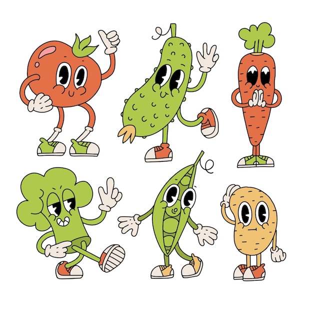 Set of groovy retro cartoon vegetables characters collection of cute comics veggie mascots hand draw