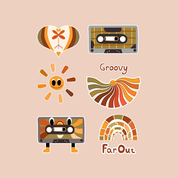 Set of groovy stickers in hippie style 70s 60s bright rainbow with the inscription far out audio cassette character soontse emoticon heart vector illustration