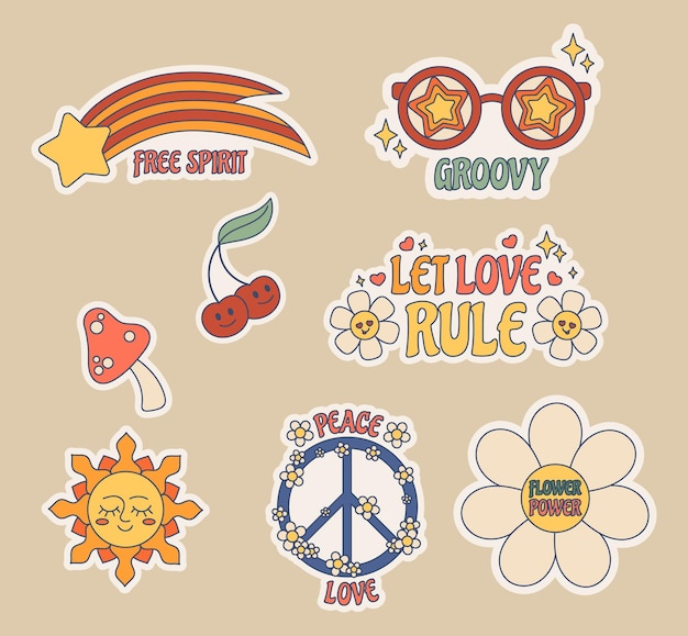 Vector set of groovy stickers peace sign sunglasses comet and sun amanita mushroom and cherries hippie culture patches