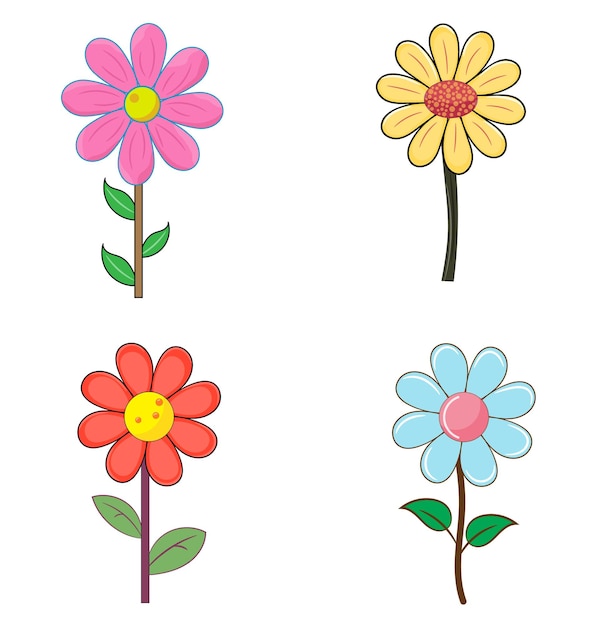 Набор из 4 милых мультяшных цветов. Цветочная векторная иллюстрация.
