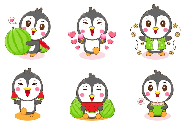 Set group of cute penguins with summer activities