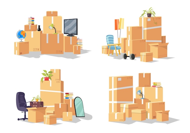 Vector set of group of furniture cardboard boxes