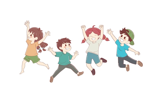 Vector set group happy children kids dancing jumping in different poses dressed in casual outfit clothes