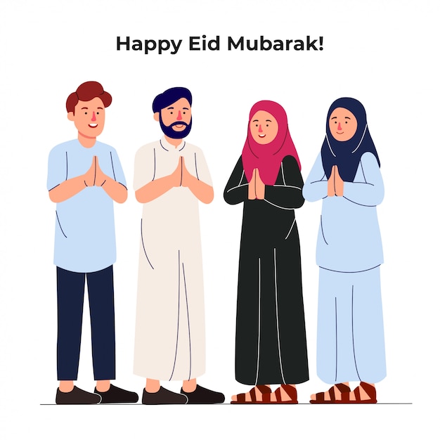 Impostare un gruppo di giovani musulmani che salutano insieme eid mubarak