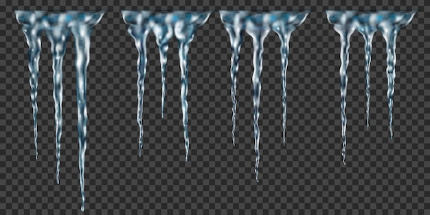 Vector set of groups of translucent light blue realistic icicles of different lengths connected at the top. for use on dark background. transparency only in vector format