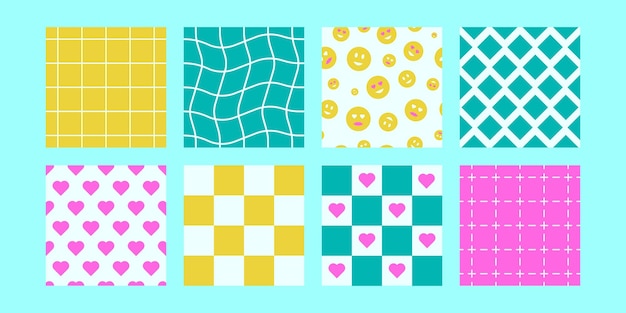 Set of grovy giometric patterns Seamless pattern in y2k style Geometry hearts and smileys