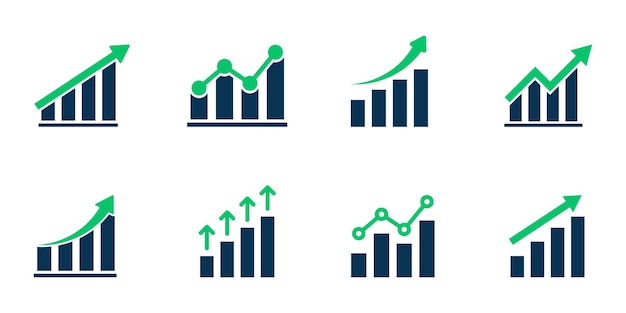 Set of growth graph vector icons. Business chart. Financial rise up. Increase profit.