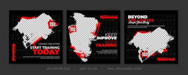 Vector set of grunge gym and fitness social media post template