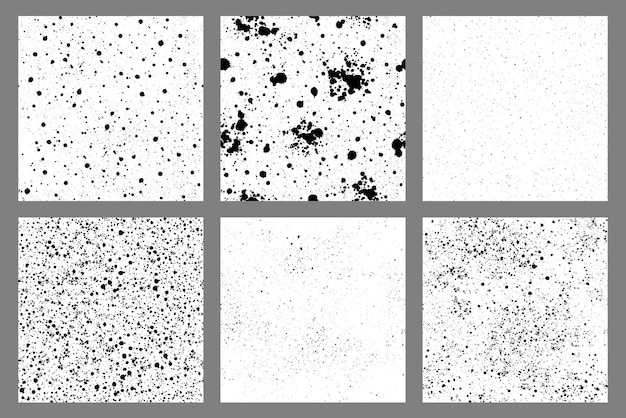 그런 지 표면 벡터 텍스처의 집합입니다. 검정 잉크가 튀고 매끄러운 패턴을 얼룩지게 합니다. 페인트 스프레이 격리 된 배경입니다.