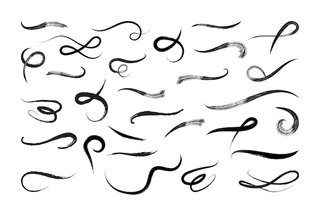Vector set of grunge swoosh and swash tails wavy strokes dirty curved strokes black paint wavy lines