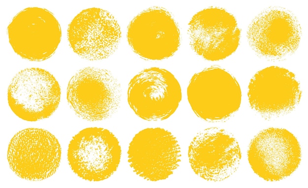 Набор гранжевых желтых кругов Изолированные фигуры на белом фоне