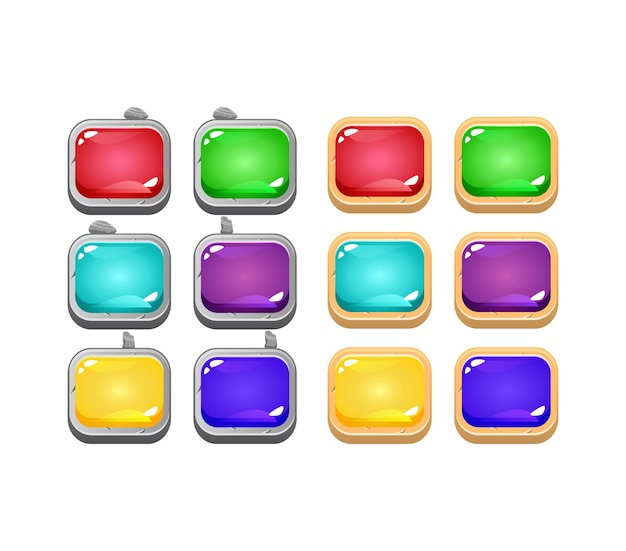 Set of gui colorful jelly button with stone and wooden border  