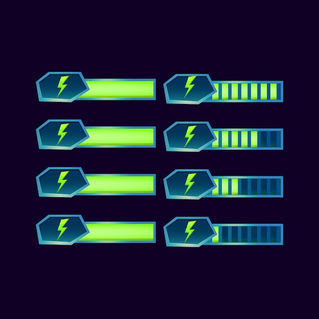Vettore set di barra di avanzamento della resistenza energetica lucida di fantasia gui per gli elementi delle risorse dell'interfaccia utente del gioco
