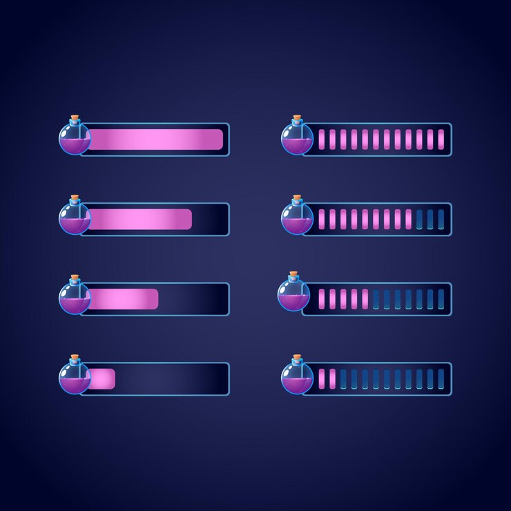 Vector set of gui fantasy rpg potion magic bottle progress bar   for 2d games   illustration