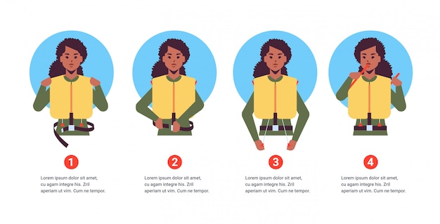 Set guidance from stewardess african american flight attendant explaining instructions with life vest in emergency situation step by step safety demonstration concept portrait horizontal copy space