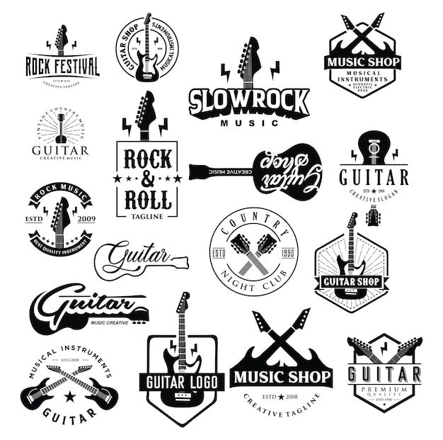 Set Of Guitar Shop Logo icon balck silhouoette Rock music