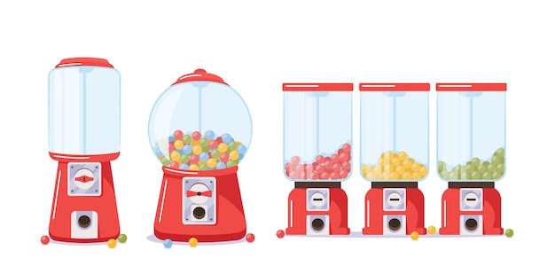 Set of Gumball Machines with Candies, Full and Empty transparent Dispensers, Vending Machines with Colored Bubble Gums and Sweets around Isolated on White Background. Cartoon Vector Illustration Icons