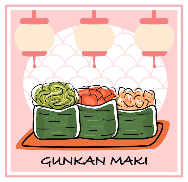 Vector set of gunkan maki sushi with different fillings (chuka, scallop, tuna) in authentic japanese style.