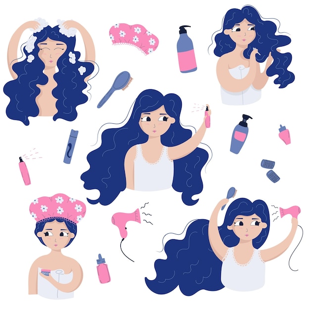Set of hair care routine. A woman washes her hair takes care of her hair dries her hair