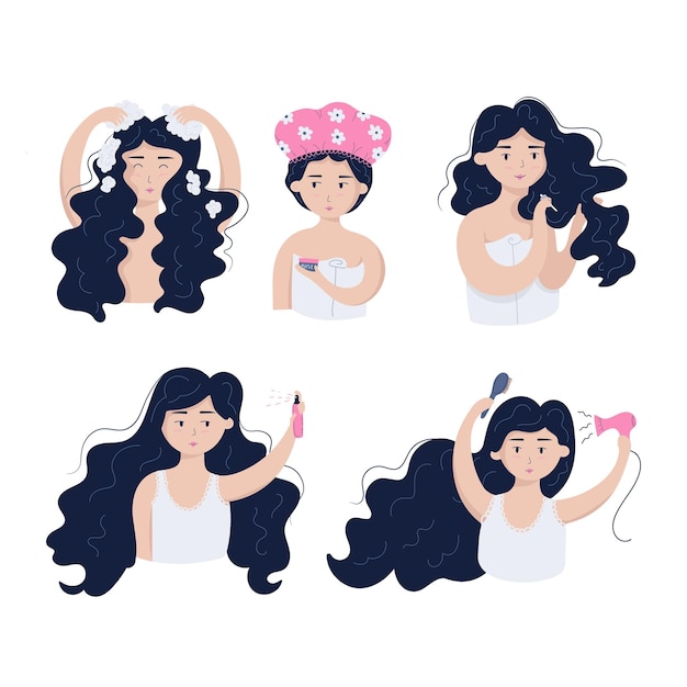 Set of hair care routine. A woman washes her hair takes care of her hair dries her hair