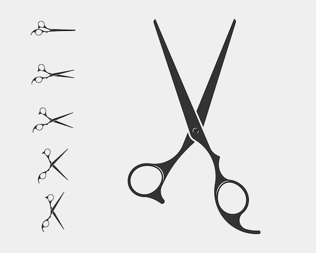 Вектор Установите значок ножниц для стрижки волос. ножницы векторный элемент дизайна или шаблон логотипа. черно-белый силуэт изолированы.