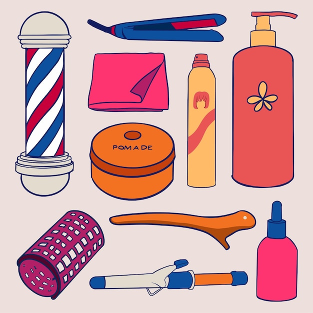 Set of Hair Salon and Barbershop Tools Simple Flat Lined Illustration