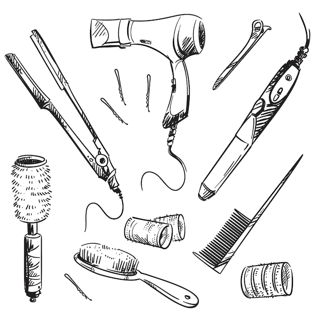 Set of hair styling tools, vector sketch