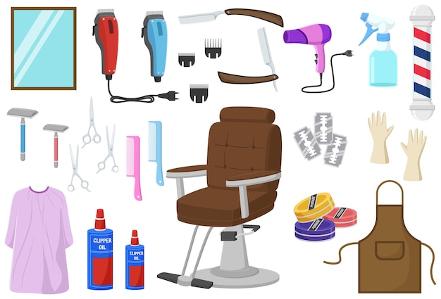 Set di attrezzature per parrucchieri su sfondo bianco