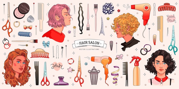 Vector set of hairdresser tools and beauty woman portraits with hairstyle variations