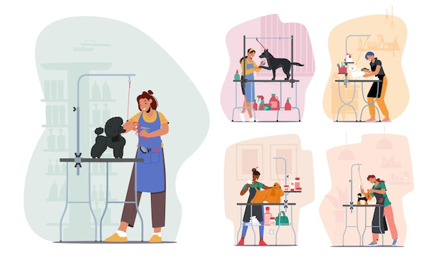 Vector set of hairdressers characters care of dogs cut wool and talons drying and combing in salon for pets groomers service