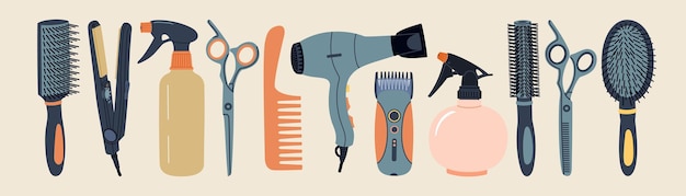 Set of hairdressing accessories. Hairdryer, hairbrush, razor, scissors, different professional tools