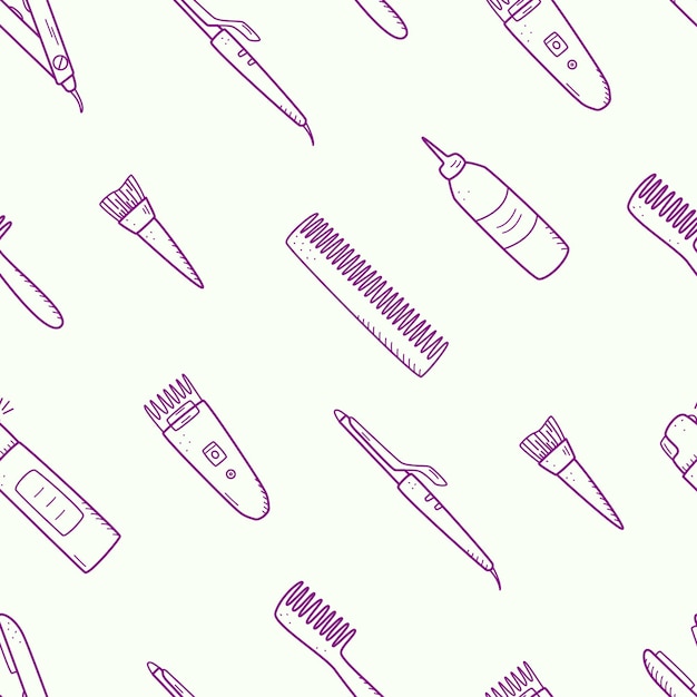 Set of hairdressing elements seamless pattern of doodle icons for hair care Vector illustration background wallpaper