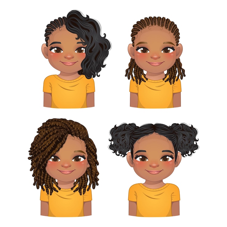 Vector set of hairstyle for black girls girls faces avatars kid heads different color hair vector